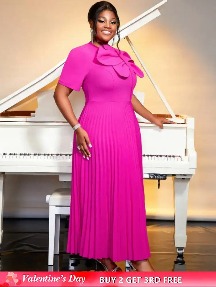 AOMEIDRESS Rose Casual Dresses O Neck Ankle Length Short Sleeves Pleated Big Bow