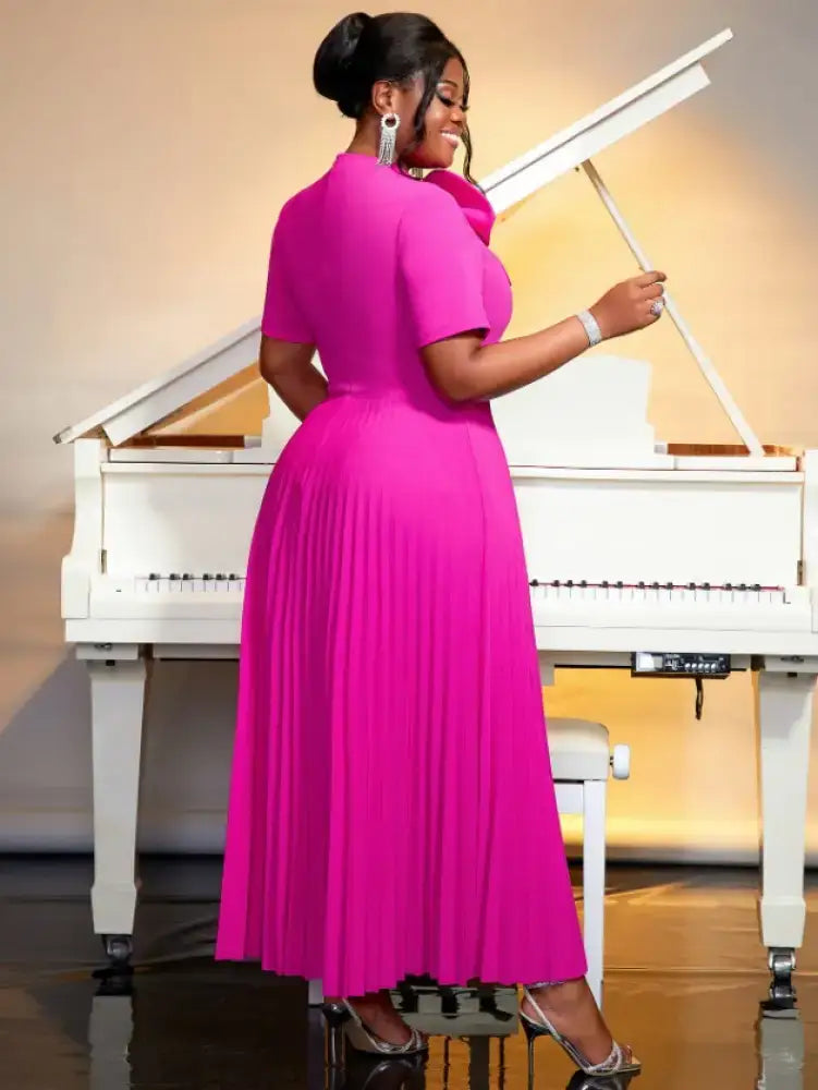 AOMEIDRESS Rose Casual Dresses O Neck Ankle Length Short Sleeves Pleated Big Bow