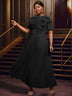 AOMEIDRESS Rose Pleated Dress O Neck Short Sleeves Big Bow High Waist Black / S