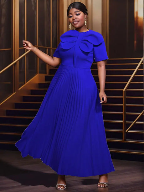 AOMEIDRESS Rose Pleated Dress O Neck Short Sleeves Big Bow High Waist Blue / S