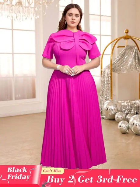 AOMEIDRESS Rose Pleated Dress O Neck Short Sleeves Big Bow High Waist Rose / S