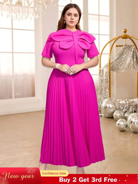 AOMEIDRESS Rose Pleated Dress O Neck Short Sleeves Big Bow High Waist Rose / S