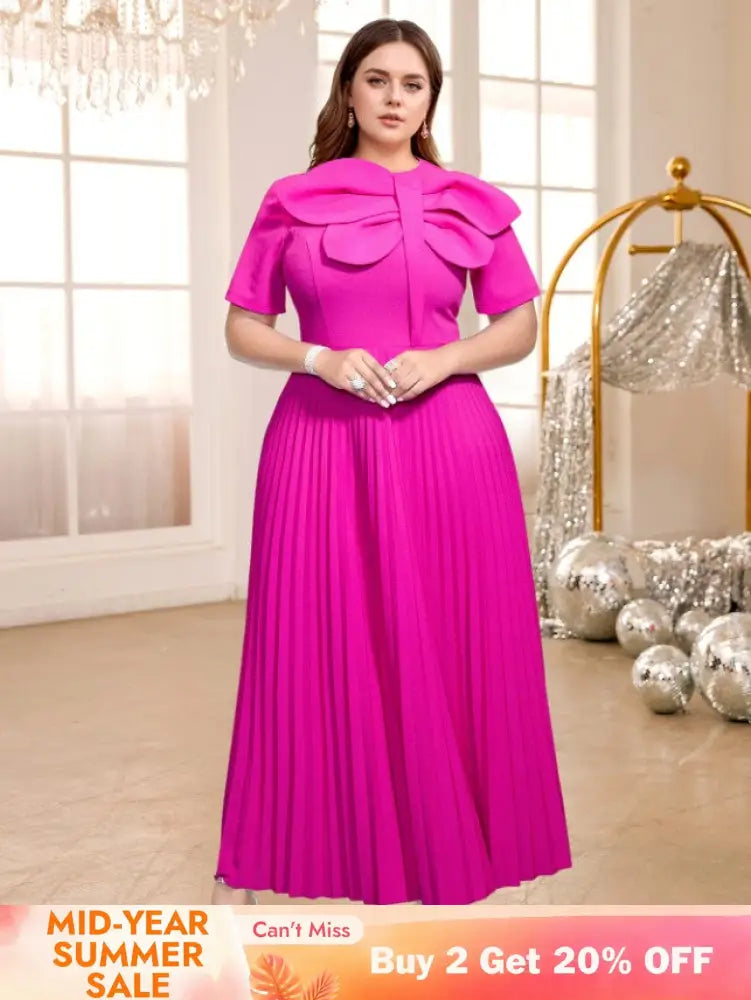 AOMEIDRESS Rose Pleated Dress O Neck Short Sleeves Big Bow High Waist Rose / S