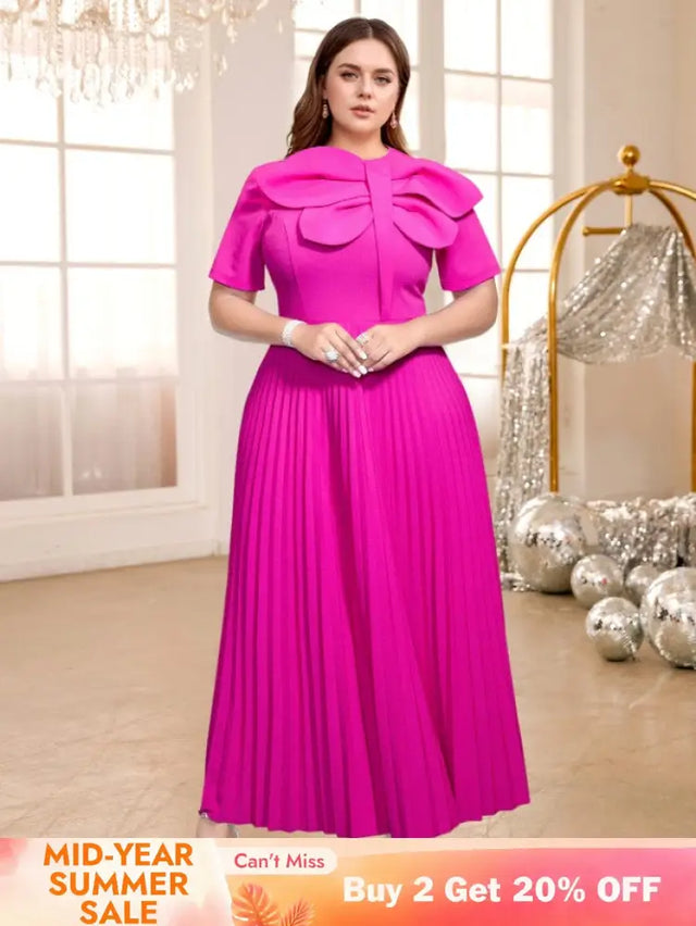 AOMEIDRESS Rose Pleated Dress O Neck Short Sleeves Big Bow High Waist Rose / S