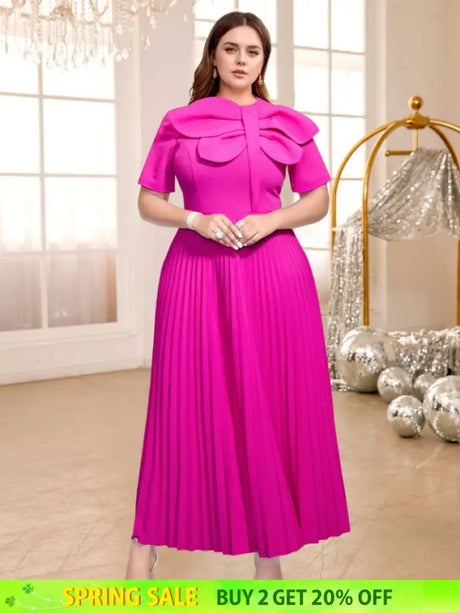 AOMEIDRESS Rose Pleated Dress O Neck Short Sleeves Big Bow High Waist Rose / S