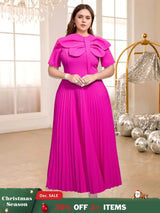 AOMEIDRESS Rose Pleated Dress O Neck Short Sleeves Big Bow High Waist Rose / S