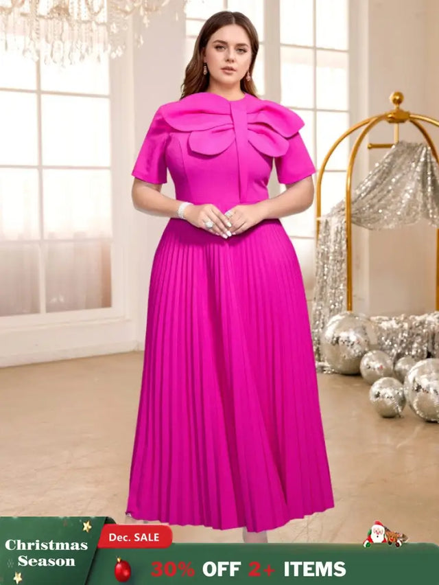 AOMEIDRESS Rose Pleated Dress O Neck Short Sleeves Big Bow High Waist Rose / S