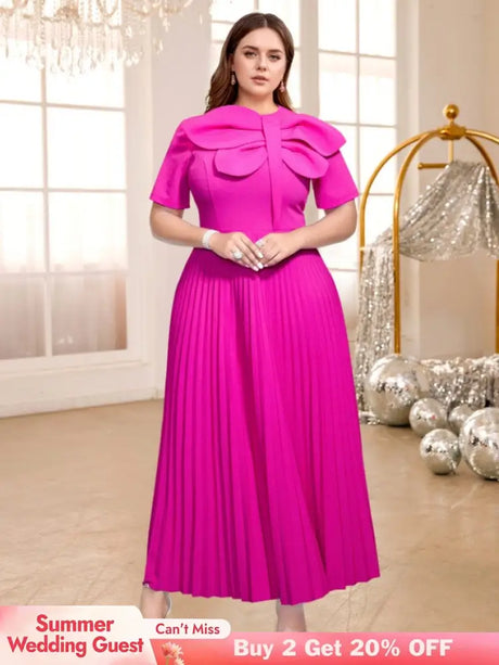 AOMEIDRESS Rose Pleated Dress O Neck Short Sleeves Big Bow High Waist Rose / S
