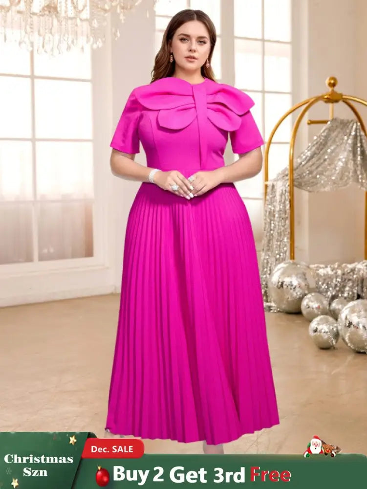 AOMEIDRESS Rose Pleated Dress O Neck Short Sleeves Big Bow High Waist Rose / S