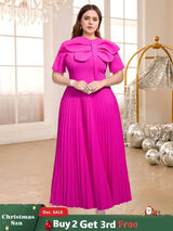 AOMEIDRESS Rose Pleated Dress O Neck Short Sleeves Big Bow High Waist Rose / S