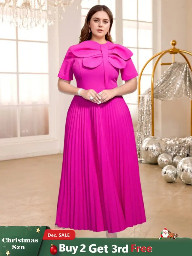 AOMEIDRESS Rose Pleated Dress O Neck Short Sleeves Big Bow High Waist Rose / S