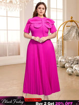 AOMEIDRESS Rose Pleated Dress O Neck Short Sleeves Big Bow High Waist Rose / S