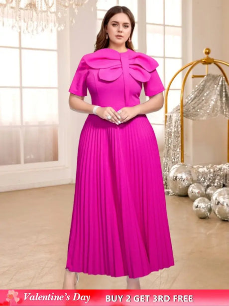 AOMEIDRESS Rose Pleated Dress O Neck Short Sleeves Big Bow High Waist Rose / S