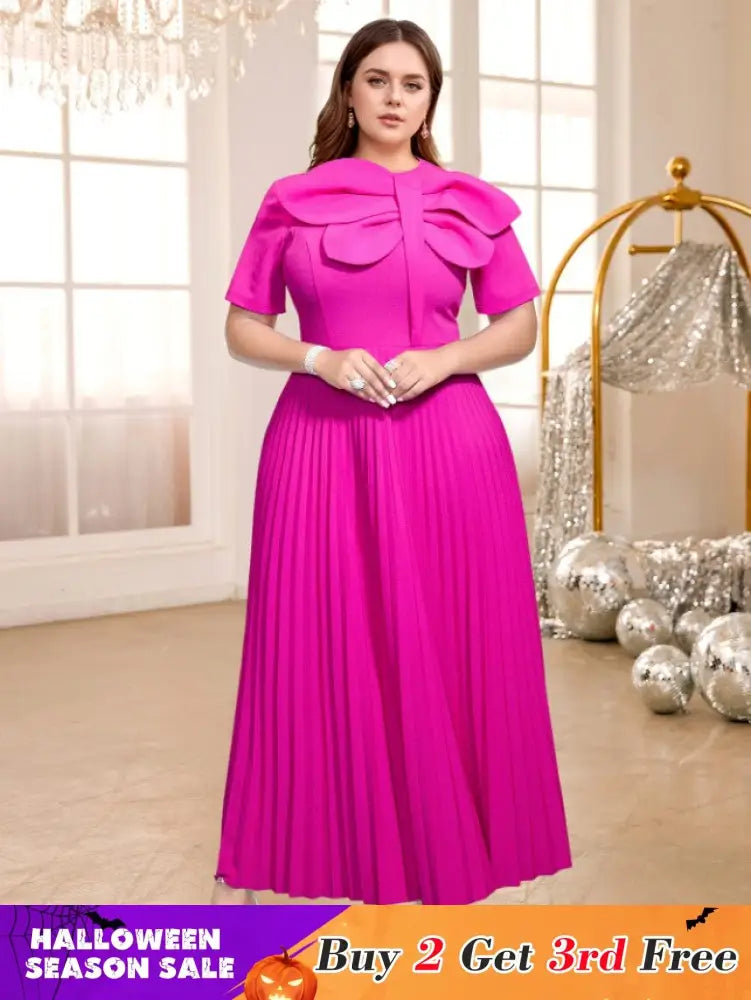 AOMEIDRESS Rose Pleated Dress O Neck Short Sleeves Big Bow High Waist Rose / S