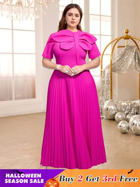 AOMEIDRESS Rose Pleated Dress O Neck Short Sleeves Big Bow High Waist Rose / S