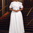 AOMEIDRESS Rose Pleated Dress O Neck Short Sleeves Big Bow High Waist White / S