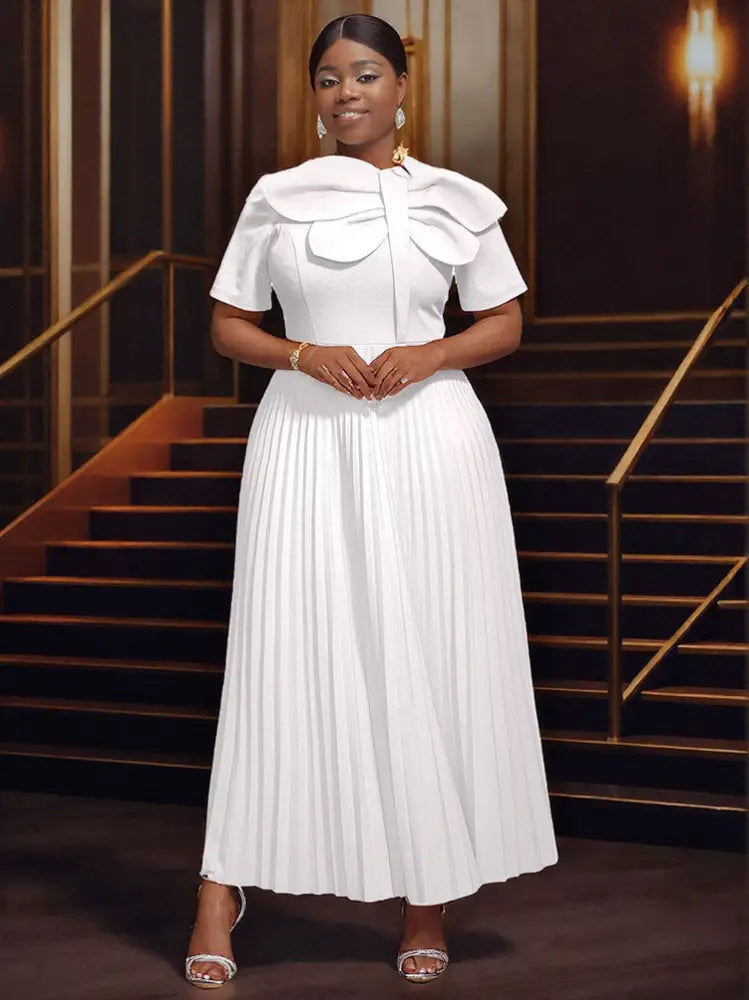 AOMEIDRESS Rose Pleated Dress O Neck Short Sleeves Big Bow High Waist White / S