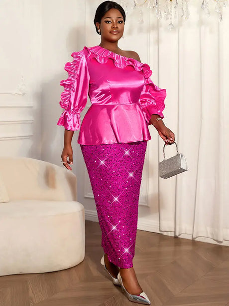 AOMEIDRESS Rose Satin One Shoulder Ruffled Top and Sequin Skirt Set
