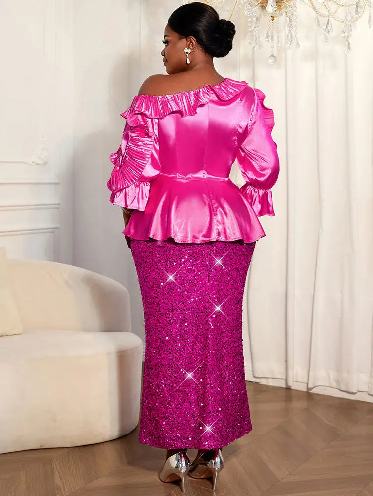 AOMEIDRESS Rose Satin One Shoulder Ruffled Top and Sequin Skirt Set