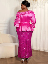 AOMEIDRESS Rose Satin One Shoulder Ruffled Top and Sequin Skirt Set