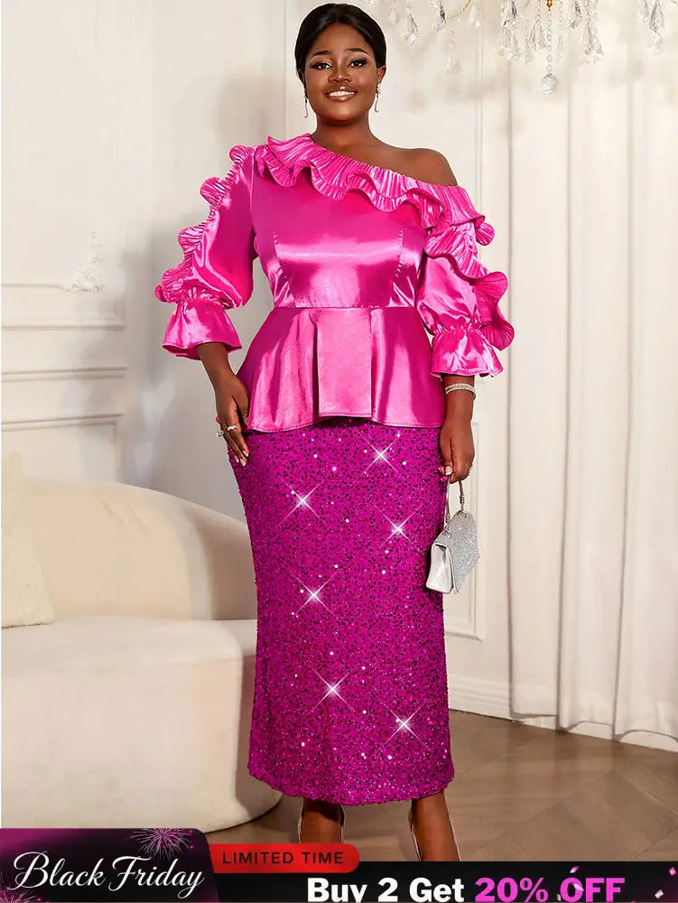 AOMEIDRESS Rose Satin One Shoulder Ruffled Top and Sequin Skirt Set Rose / L