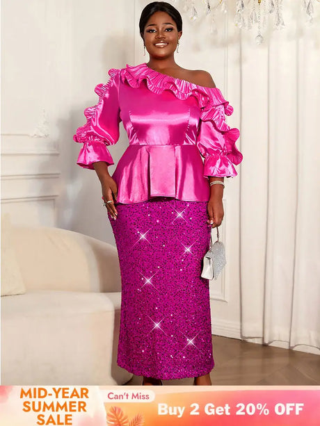 AOMEIDRESS Rose Satin One Shoulder Ruffled Top and Sequin Skirt Set Rose / L