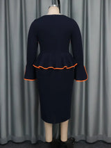 AOMEIDRESS Commuter Navy Round Neck Flare Long Sleeve Dress