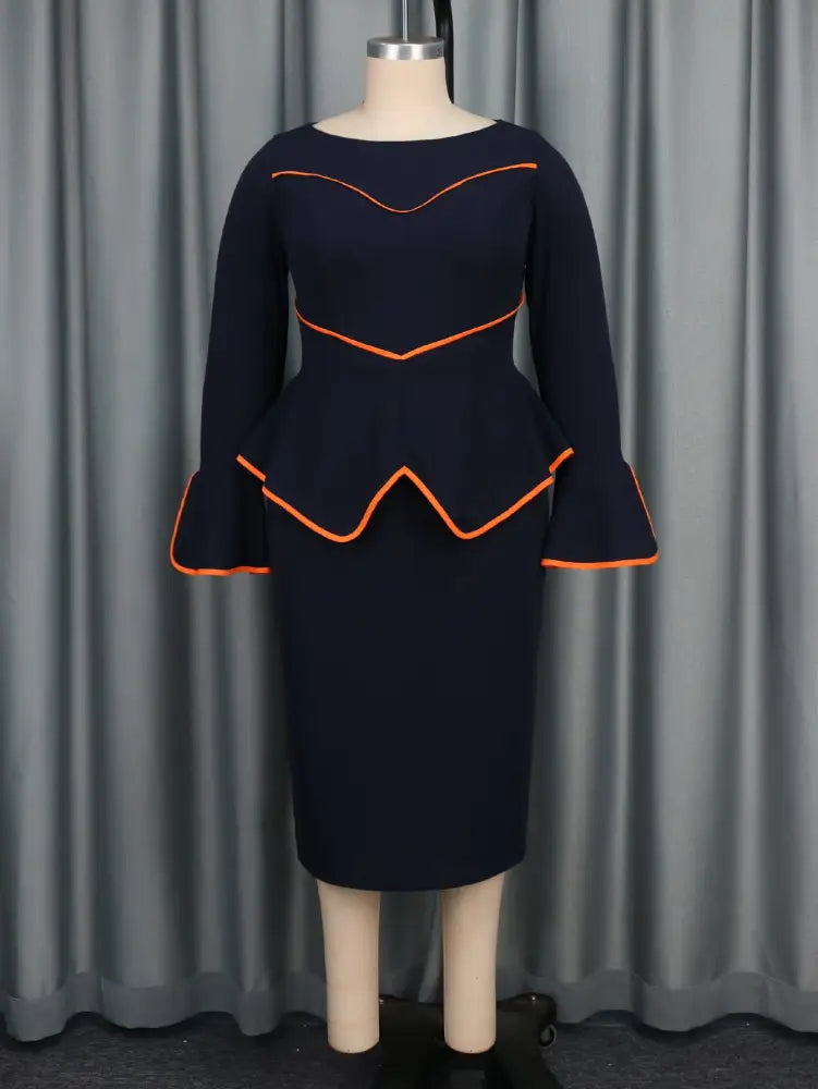 AOMEIDRESS Round Neck Navy Flare Long Sleeve Commuter Dress