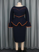 AOMEIDRESS Round Neck Navy Flare Long Sleeve Commuter Dress