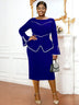 AOMEIDRESS Round Neck Commuter Flare Long Sleeve Dress in Navy Blue / S