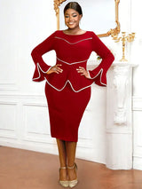 AOMEIDRESS Round Neck Commuter Flare Long Sleeve Dress in Navy Red / S