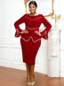 AOMEIDRESS Round Neck Commuter Flare Long Sleeve Dress in Navy Red / S