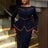 AOMEIDRESS Round Neck Commuter Flare Long Sleeve Dress in Navy
