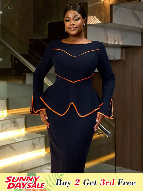 AOMEIDRESS Round Neck Commuter Flare Long Sleeve Dress in Navy
