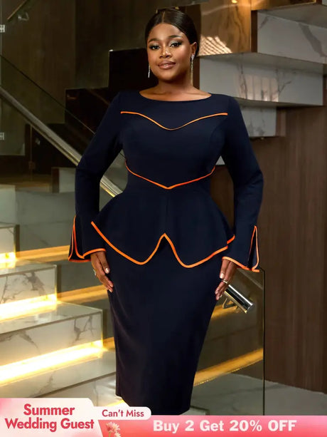 AOMEIDRESS Round Neck Commuter Flare Long Sleeve Dress in Navy
