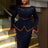 AOMEIDRESS Round Neck Commuter Flare Long Sleeve Dress in Navy
