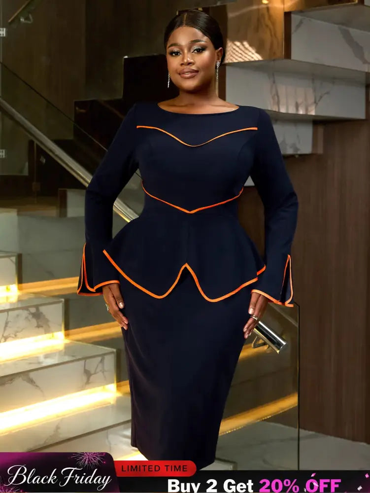 AOMEIDRESS Round Neck Commuter Flare Long Sleeve Dress in Navy
