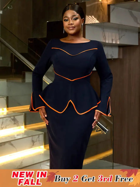 AOMEIDRESS Round Neck Commuter Flare Long Sleeve Dress in Navy
