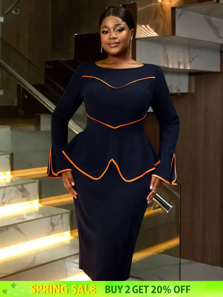 AOMEIDRESS Round Neck Commuter Flare Long Sleeve Dress in Navy
