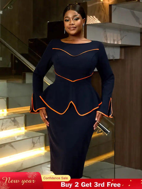 AOMEIDRESS Round Neck Commuter Flare Long Sleeve Dress in Navy
