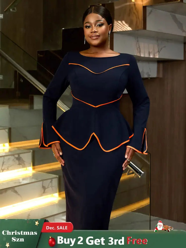 AOMEIDRESS Round Neck Commuter Flare Long Sleeve Dress in Navy
