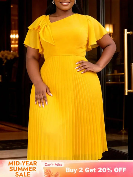 AOMEIDRESS Ruffled A Line Pleated Midi Dress With Asymmetric Neckline