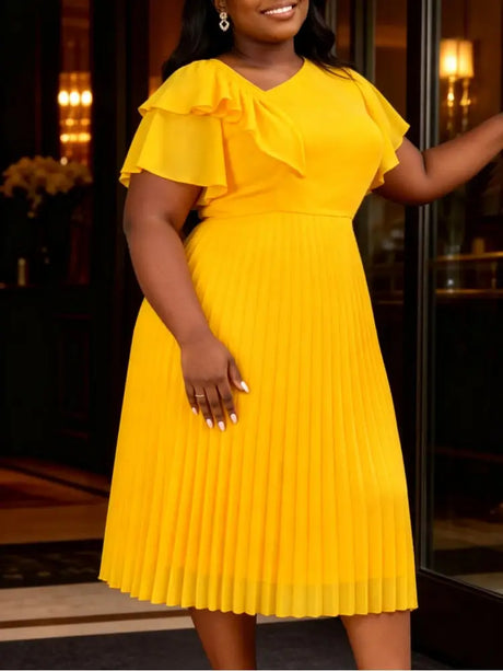 AOMEIDRESS Ruffled A Line Pleated Midi Dress With Asymmetric Neckline