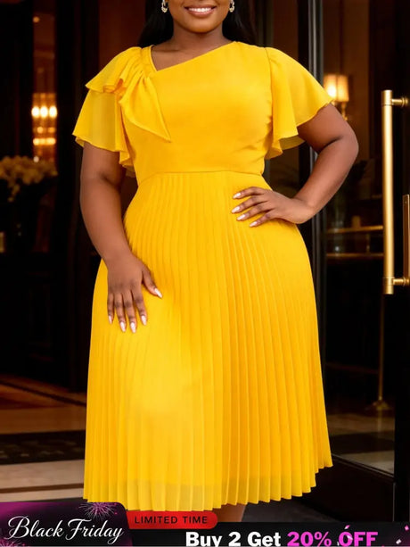 AOMEIDRESS Ruffled A Line Pleated Midi Dress With Asymmetric Neckline