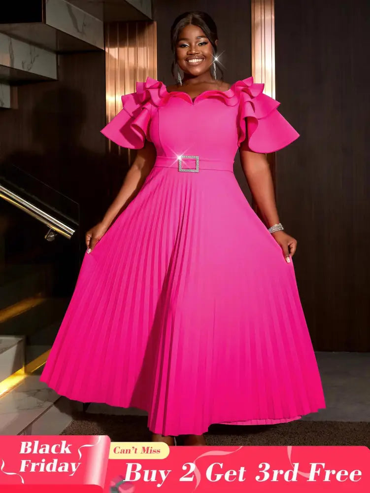 AOMEIDRESS Ruffled Short Sleeved Maxi Dress Round Neck Diamond Belt Rose / S