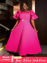 AOMEIDRESS Ruffled Short Sleeved Maxi Dress Round Neck Diamond Belt Rose / S