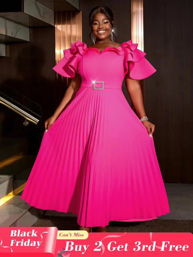 AOMEIDRESS Ruffled Short Sleeved Maxi Dress Round Neck Diamond Belt Rose / S