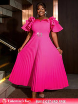 AOMEIDRESS Ruffled Short Sleeved Maxi Dress Round Neck Diamond Belt Rose / S