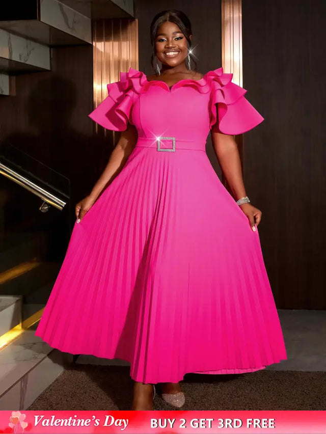 AOMEIDRESS Ruffled Short Sleeved Maxi Dress Round Neck Diamond Belt Rose / S