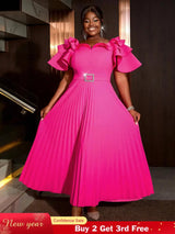 AOMEIDRESS Ruffled Short Sleeved Maxi Dress Round Neck Diamond Belt Rose / S